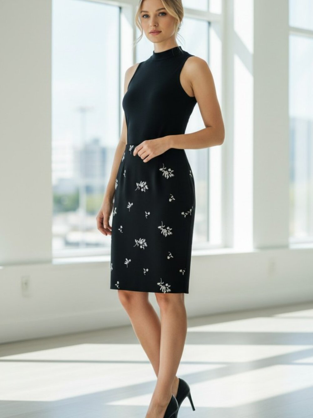 Vintage Y2K Ann Taylor Black White Flower Slim Skirt - Sz 4